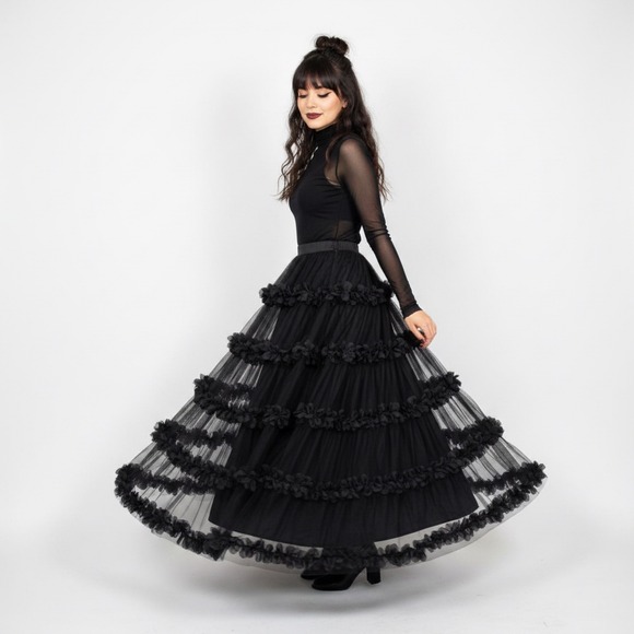 Faeriesty Dresses & Skirts - Faeriesty Whimsigoth Dark Fairy Black Tulle Tiered Maxi Skirt 3D Floral Sz L
